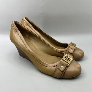 Tory Burch Natalya Wedge Pumps Women Size 6 M Tan Brown Gold Logo Buckle Shoes